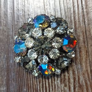 1950s Vintage Weiss Aurora Borealis Brooch Blue Gold Rhinestones Costume Jewelry